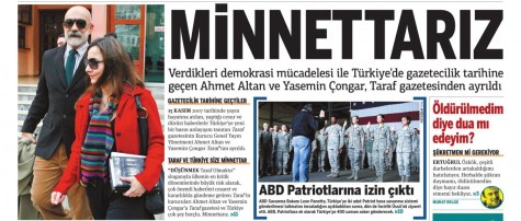 Front page banner on Dec. 15, showing a picture of Altan and Çongar. The headline reads "We are grateful"